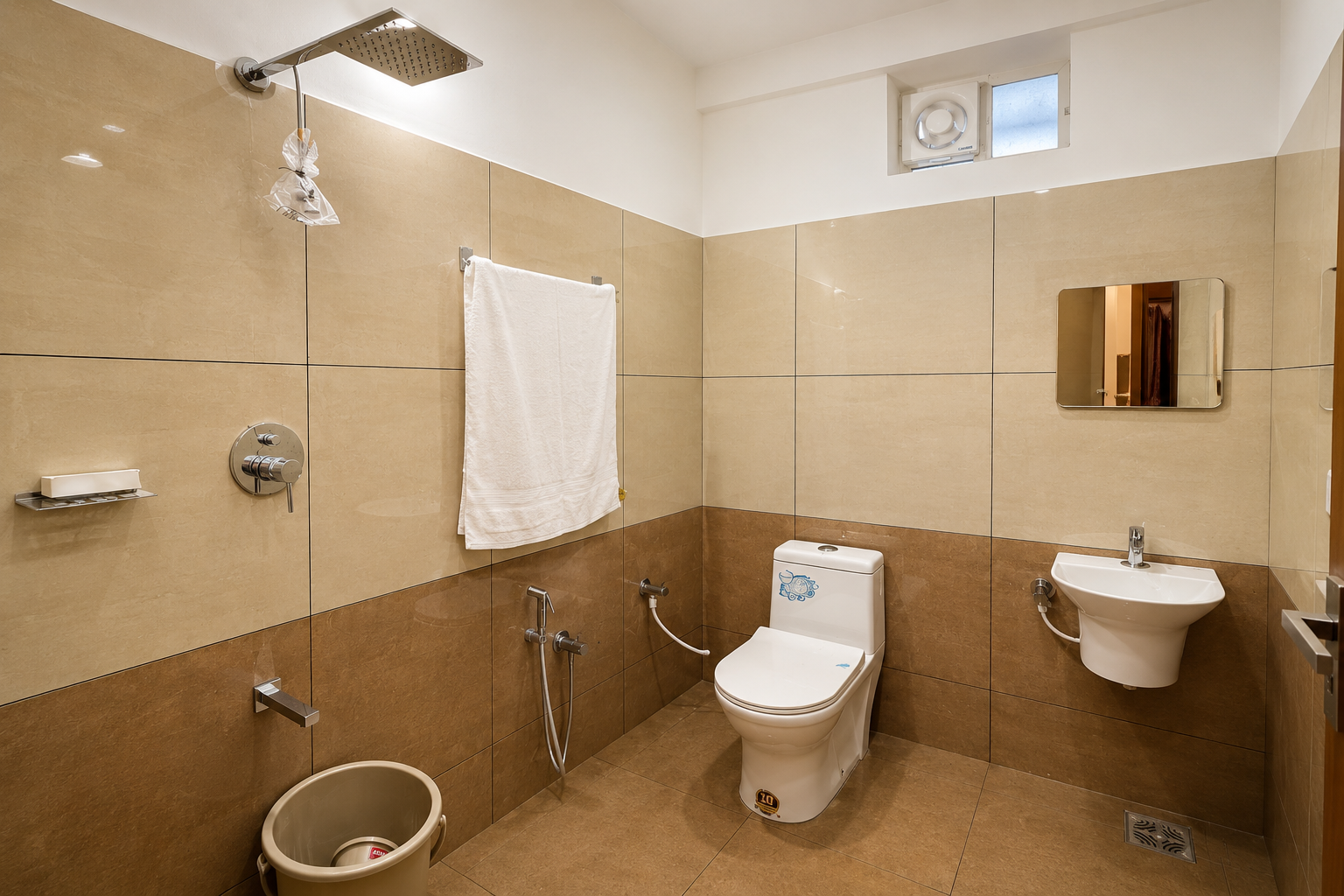 Non-AC room ceramic bathroom and shower